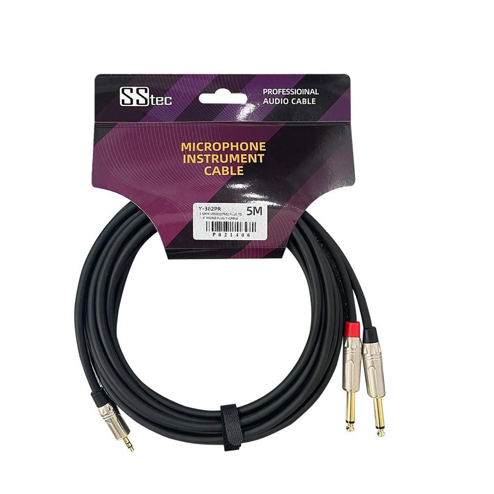 Professional 15 Ft Stereo Cable, 3.5mm (1/8 Inch) to Dual 6.35mm (1/4 Inch) TS Mono Plug (Y-Splitter), Length 5 Meters/15 Ft