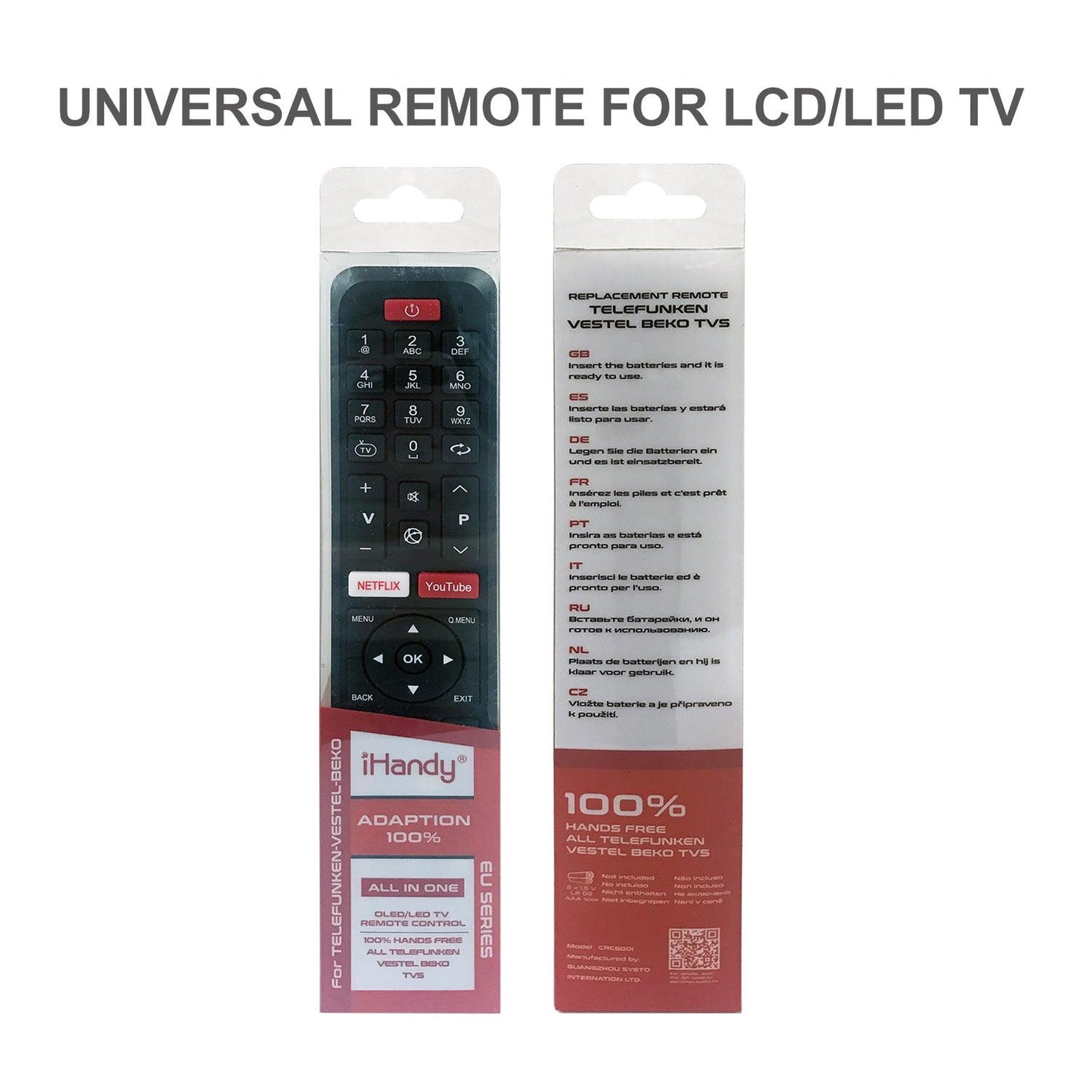 CRC6001 Universal TV Remote Control Works with Telefunken Vestel Beko LCD LED HDTV 3D TVs