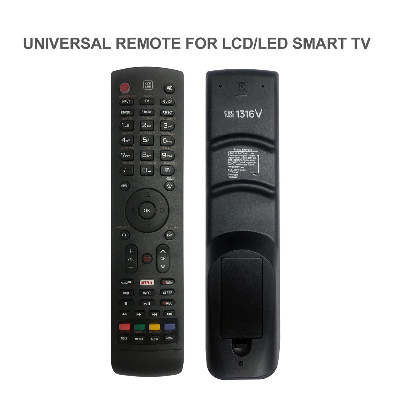 CRC1316V Universal TV Remote Control for LG, Samsung, Sony, Hisense, Panasonic, Philips, Sharp, Sanyo, Toshiba, Hitachi, TCL Smart TV