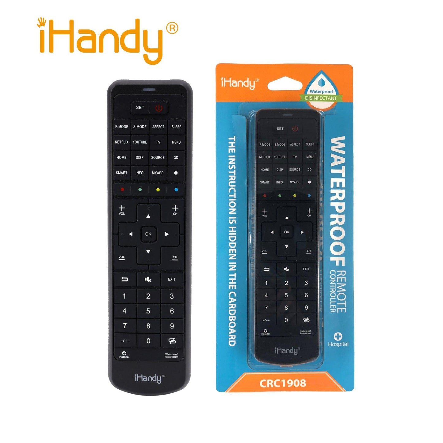 CRC1908 IPX3 iHandy Waterproof Universal TV Remote Control - Direct Replacement Remote Control For LG, Samsung, Sony TVs